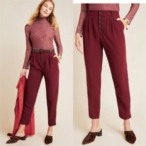 Anthropologie Sasha Trouser‎ Pant Burgundy Button Front Pleated Cropped Size 4